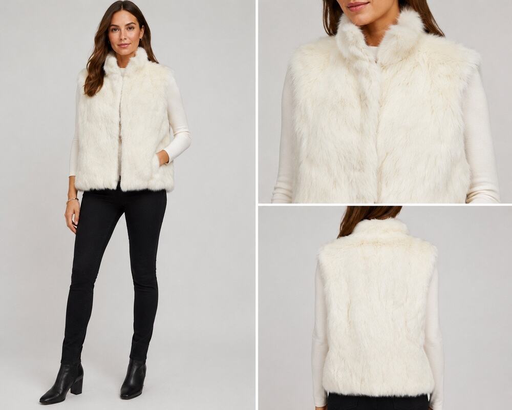 Ann Taylor Petites Genuine Rabbit Hair Fur Vest White Ivory Collared Women MP